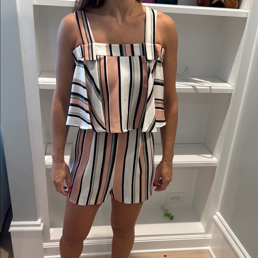 Topshop Pink and Black Striped Jumpsuit with Wide Leg
